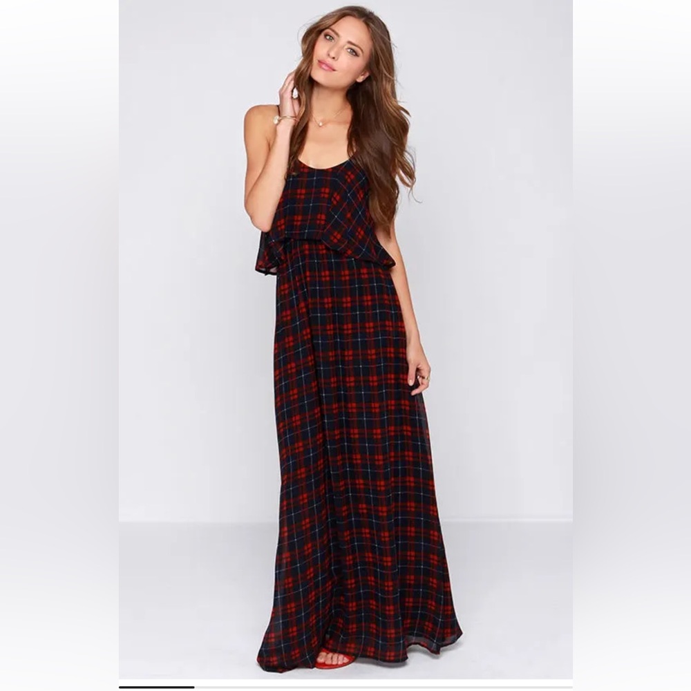 Lulu’s Tartan the Mood Red and Navy Blue Plaid Maxi Dress M